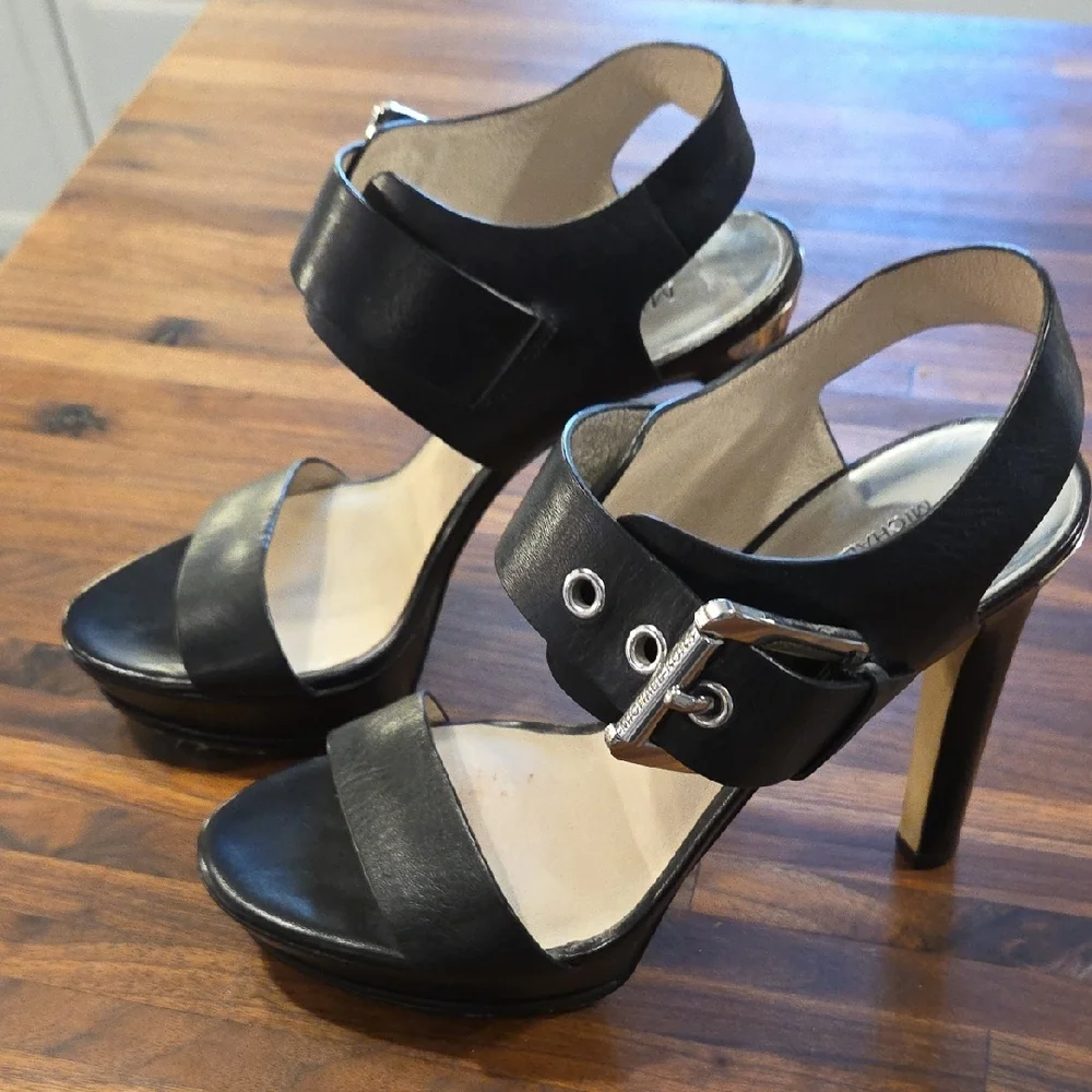 Michael Kors Black Leather Ankle Strap Heeled Sandals - Picture 5 of 11